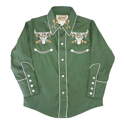 Rockmount Kids Unisex Skull Arrow Chain Stitch Green 100% Cotton L/S Shirt