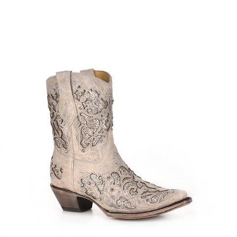 Corral Womens A3550 White Leather 8in Glitter Wedding Fashion Boots 9.5 W