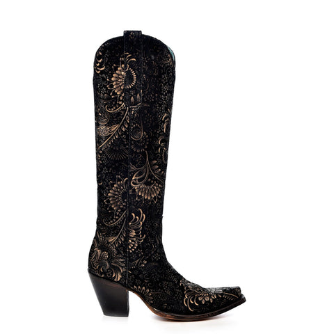 Corral Womens Gold Stamped Floral Snip Toe Black Cowhide 16in Cowboy Boots 11 M
