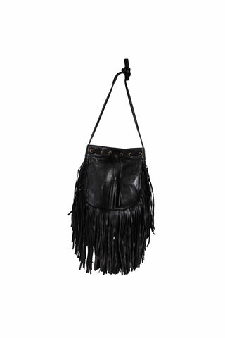 Scully Womens Cinch Tie Fringe Black Leather Handbag Bag