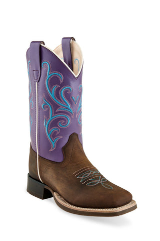 Old West Brown/Purple Youth Girls Leather Cowboy Boots 6D
