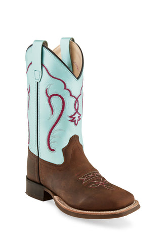 Old West Brown/Silver Blue Children Girls Leather Cowboy Boots 2.5D