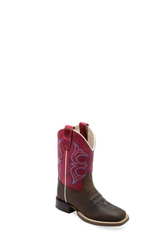 Old West Kids Unisex Broad Square Toe Brown/Fuchsia Waxy Leather Cowboy Boots 9.5 D