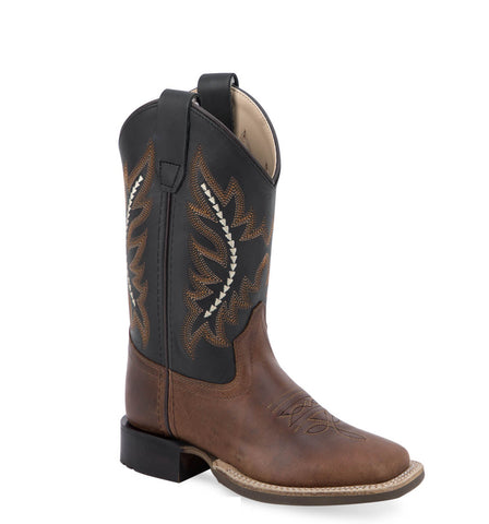 Old West Kids Unisex Broad Square Toe Black/Brown Leather Cowboy Boots