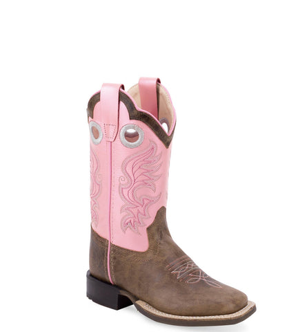 Old West Youth Girls Broad Square Toe Pink/Brown Leather Cowboy Boots