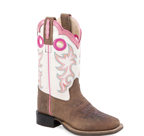 Old West Kids Girls Broad Square Toe White/Brown Leather Cowboy Boots