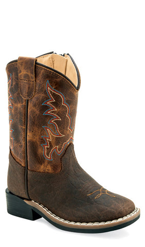 Old West Infant Boys Broad Square Toe Burnt Dark Brown Leather Cowboy Boots 7 D