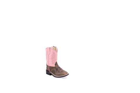 Old West Infant Girls Broad Square Toe Pink/Brown Leather Zip Cowboy Boots 6.5 D