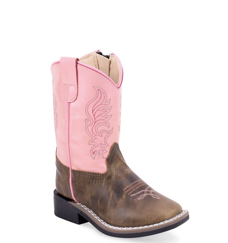 Old West Infant Girls Broad Square Toe Pink/Brown Leather Zip Cowboy Boots