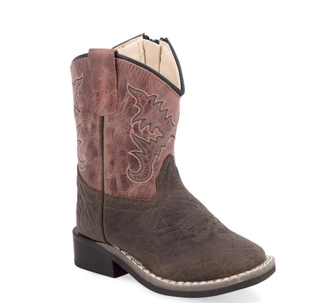 Old West Infant Girls Broad Square Toe Mauve/Brown Leather Zip Cowboy Boots