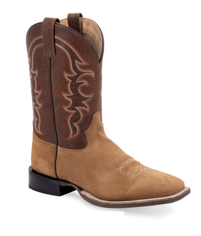 Old West Mens Broad Square Toe Brown/Tan Leather Cowboy Boots
