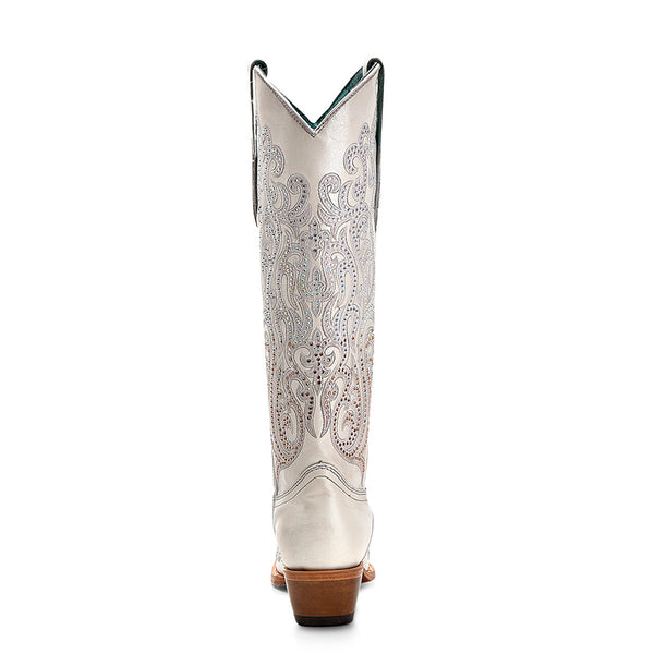 Corral Womens Tall Crystal Overlay Snip White Cowhide 16in