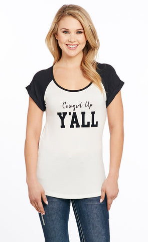 Cowgirl Up Womens Yall Flocked White Rayon S/S T-Shirt