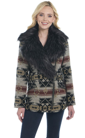 Cripple Creek Womens Navajo Blanket Faux Fur Collar Driftwood Polyester Jacket