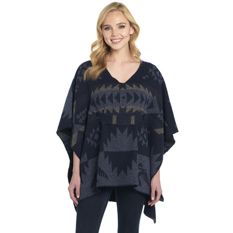 Cripple Creek Womens Tie Back Navajo Blanket Blue Herron 100% Polyester Poncho L