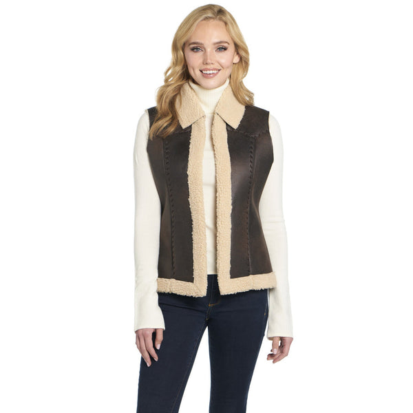 CRIPPLE CREEK/フリンジベスト/S/レザー/BRW Cripple Creek Womens Open Front Vanilla Bean Faux Shearling