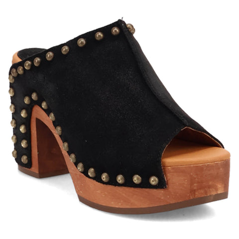 Dingo Womens Echo Wooden Black Leather Stud Sandals Shoes