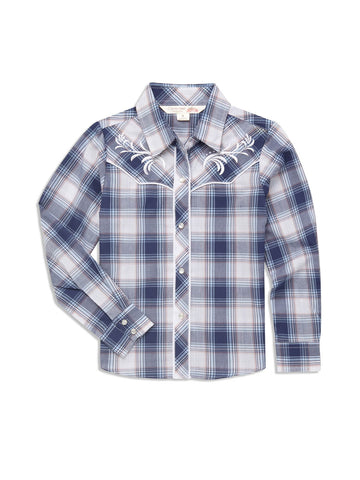 Ely and Walker Kids Girls Plaid With Embroidery Blue Poly/Cotton L/S Shirt
