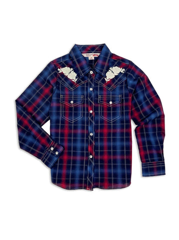Ely and Walker Kids Girls Rose Embroidery Plaid Navy Poly/Cotton L/S Shirt