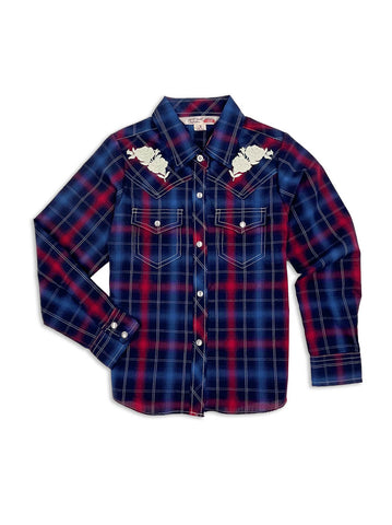 Ely and Walker Kids Girls Rose Embroidery Plaid Navy Poly/Cotton L/S Shirt