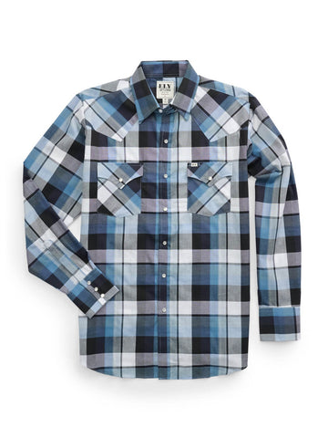 Ely and Walker Mens Western Plaid Snap Blue Poly/Cotton L/S Shirt