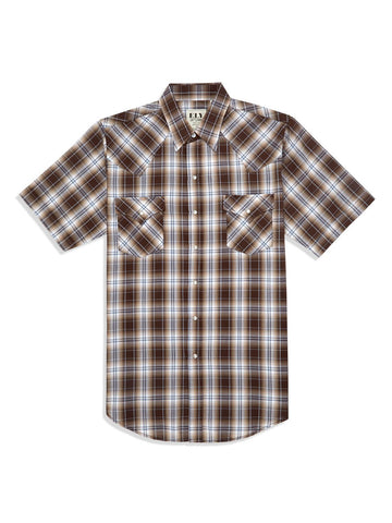Ely and Walker Mens Plaid Snap Brown Poly/Cotton S/S Shirt