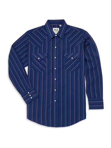 Ely and Walker Mens Striped Snap Navy Poly/Cotton L/S Shirt