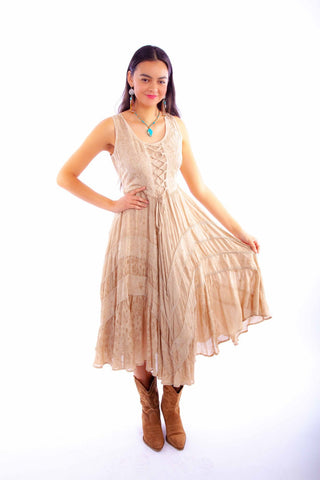 Scully Womens Full Length Lace-Up Light Latte 100% Rayon S/L Dress XL