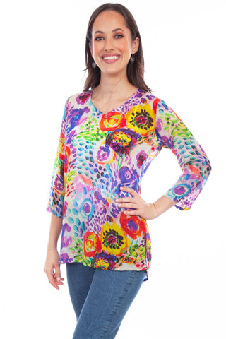 Scully Womens Lavish Blossoms Multi-Color Rayon S/S Tunic