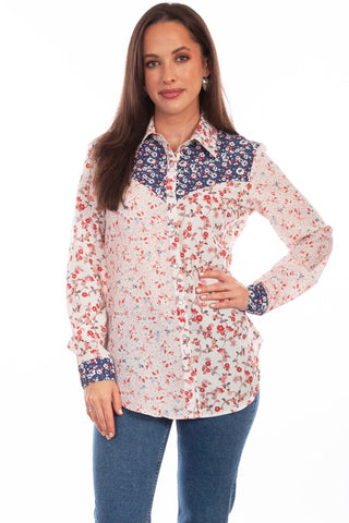 Scully Womens Multi-Fabric Floral Vintage 100% Polyester L/S Shirt