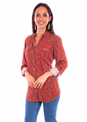 Scully Womens Ditsy Floral Rust 100% Rayon L/S Shirt M