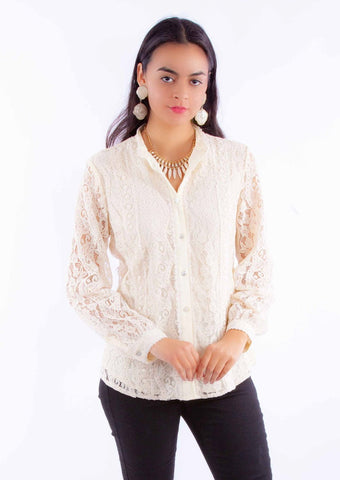 Scully Womens Allover Lace Ivory Cotton Blend L/S Blouse M