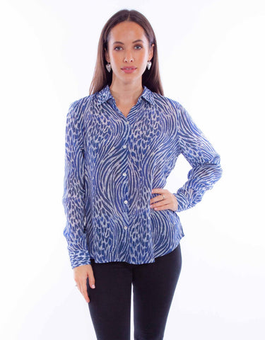 Scully Womens Animal Print Blue Rayon L/S Blouse