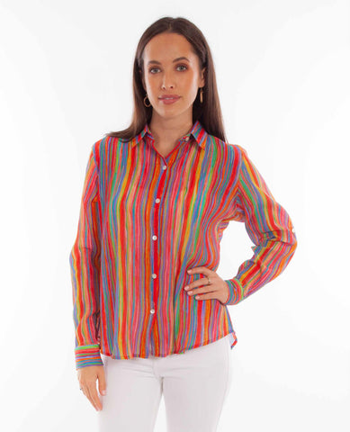 Scully Womens Rainbow Stripe Multi-Color Rayon L/S Blouse