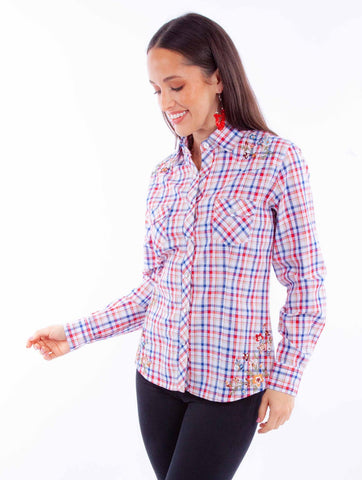 Scully Womens Yarn Dyed Check Red/White/Blue 100% Cotton L/S Blouse