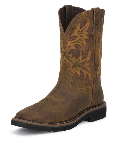 Justin Mens Tan Rugged Leather Work Boots 11in Stampede Pull-On 10EE