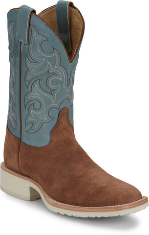 Justin Mens Alamo 11in Roughout Golden Tan/Blue Leather Bent Rail Cowboy Boots
