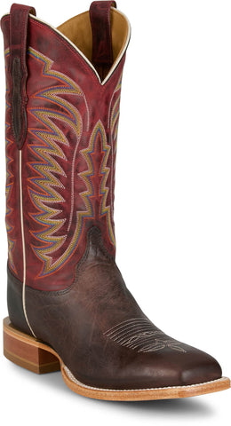 Justin Mens Burchett 13in Western Chocolate/Red Goat Leather CPX Cowboy Boots