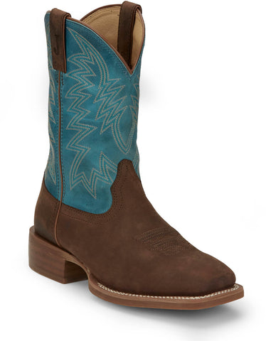 Justin Mens Big Bucks 11in Western Walnut/Blue Leather Frontier Cowboy Boots