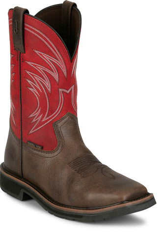 Justin Mens Apprentice 11in Steel Toe Coffee/Red Water Buffalo Work Boots
