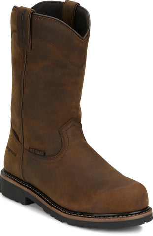 Justin Mens Pulley 11in WP CT MetGuard Whiskey Leather Work Boots