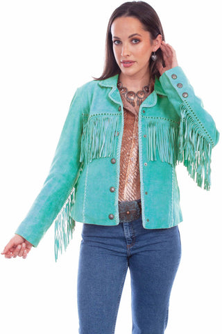 Scully Womens Cowgirl Fringe Turquoise Leather Leather Jacket L