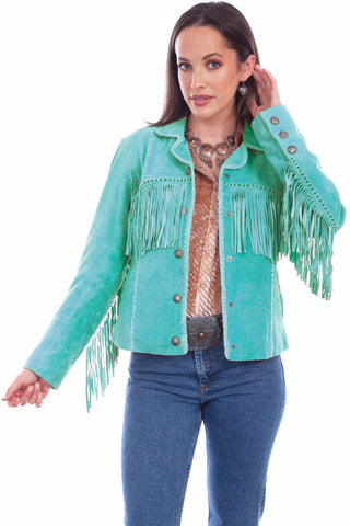 Scully Womens Cowgirl Fringe Turquoise Leather Leather Jacket L