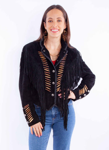 Scully Womens Whip Stitch Fringe Black Leather Leather Jacket XL