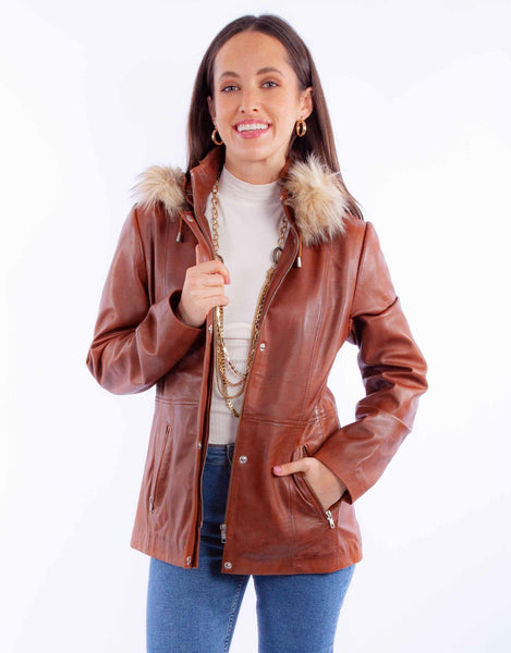Scully Womens Faux Fur Hooded Brown Leather Leather Jacket – The