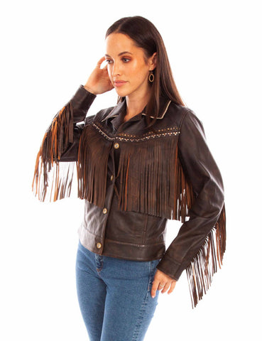 Scully Womens Western Fringe Chocolate Leather Leather Jacket L