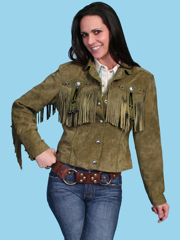 Scully Womens Fringe Beaded Olive Leather Leather Jacket L