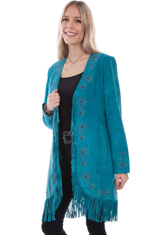 Scully Womens Dark Turquoise Leather Fringe Coat Jacket M