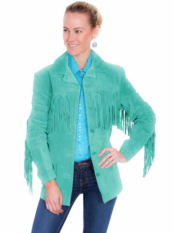 Scully Womens Notched Lapel Fringe Turquoise Leather Leather Jacket XXL