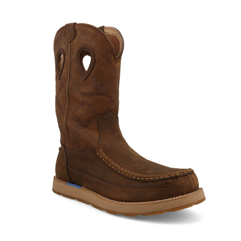 Twisted X Mens 11in Work Pull On Wedge Brunette/Pecan Leather Cowboy Boots